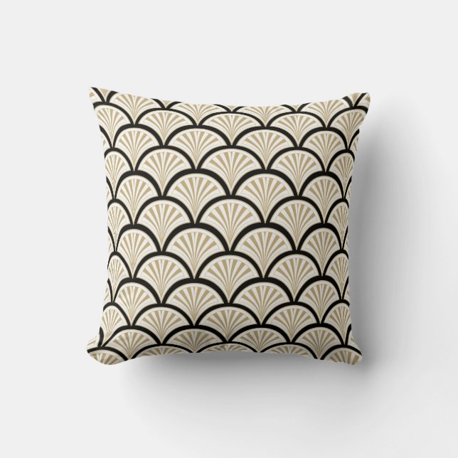 Beuge and black art-deco abstract flowers pattern throw pillow (Front)