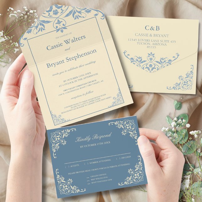 Beurre Jaune Élégant tout en un mariage Invitation (elegant butter yellow and blue romantic all in one wedding invitation for vintage floral events)