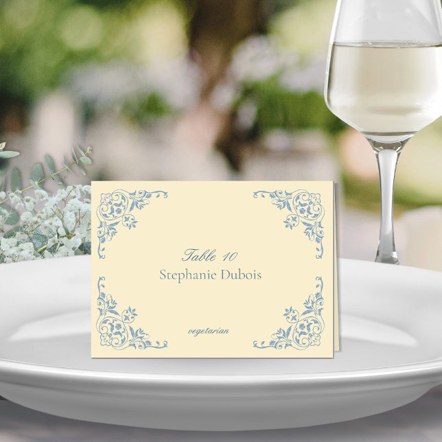 Beurre Jaune Mariage Cartes de Place avec choix de (Butter yellow elegant folded wedding place card with menu meal choice for romantic victorian formal)