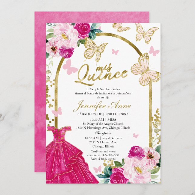 Beurre rose chaud espagnol Quinceanera Invitations (Devant / Derrière)