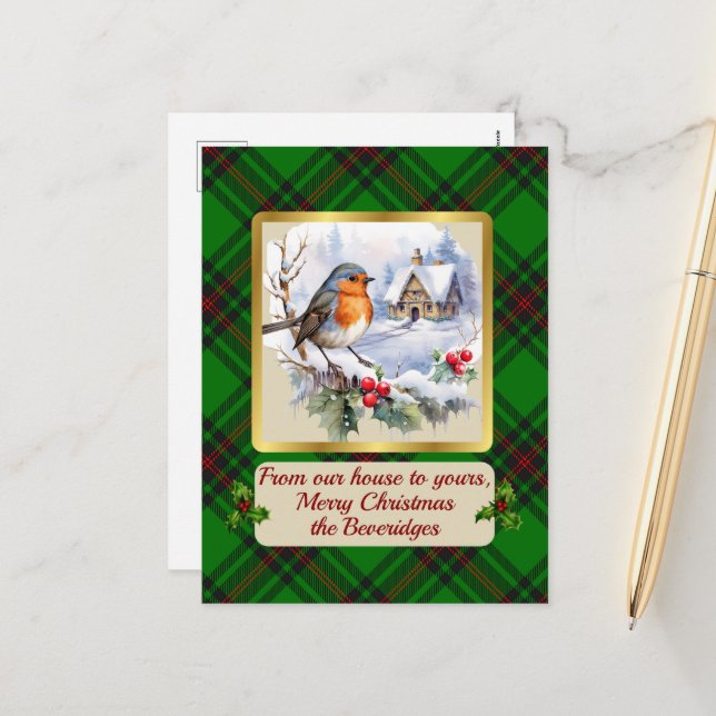 Beveridge Crest & Tartan w/Robin Personalized   Holiday Postcard (Front/Back In Situ)