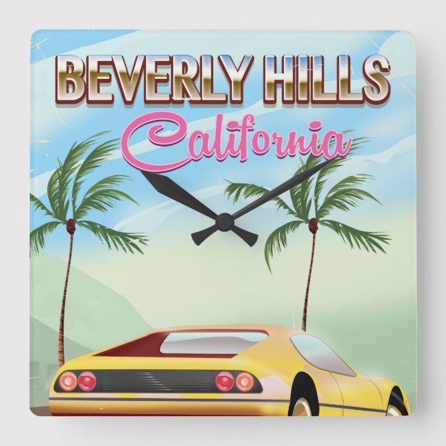 Beverly Hills California retro travel poster Square Wall Clock (Front)
