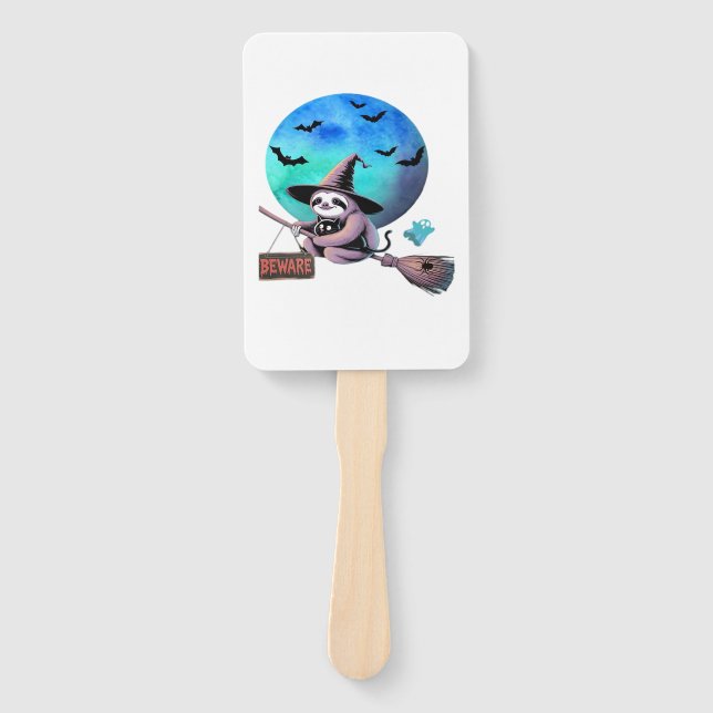 Beware Cute Witch Sloth Flying on Broom Halloween  Hand Fan (Front)