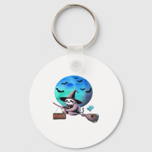 Beware Cute Witch Sloth Flying on Broom Halloween  Keychain