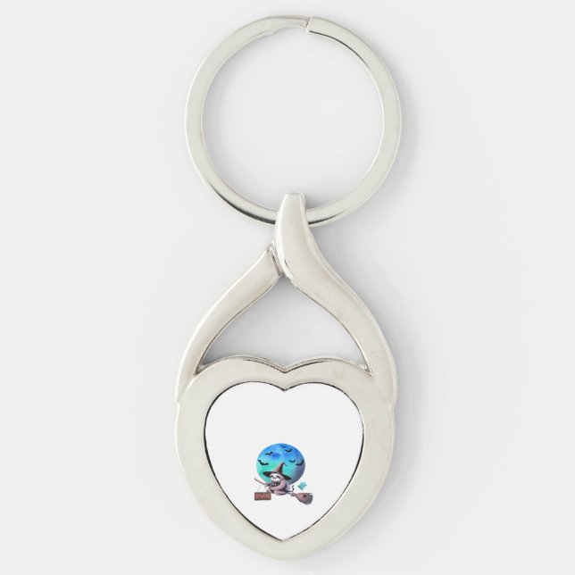 Beware Cute Witch Sloth Flying on Broom Halloween  Keychain (Front)