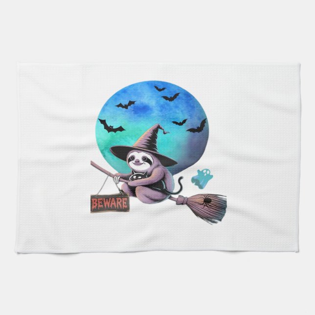 Beware Cute Witch Sloth Flying on Broom Halloween  Kitchen Towel (Horizontal)