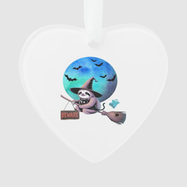 Beware Cute Witch Sloth Flying on Broom Halloween  Ornament (Front)