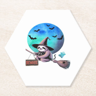 Beware Cute Witch Sloth Flying on Broom Halloween  Paper Coaster