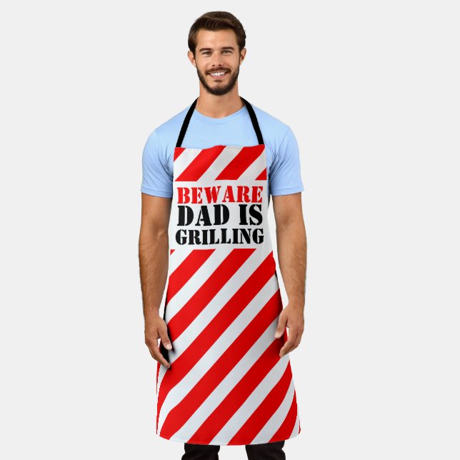 BEWARE Dad is grilling graphic red caution stripes Apron (Worn)