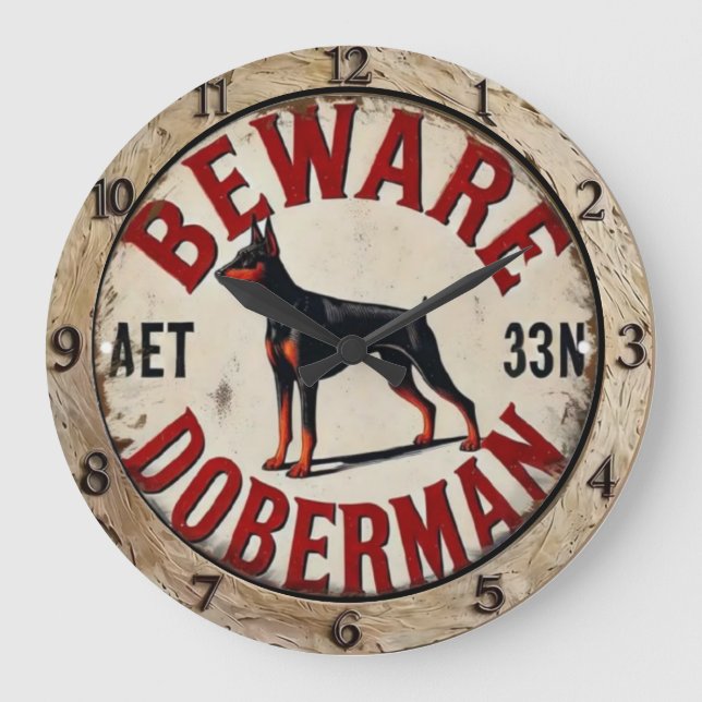 Beware Doberman Pinscher Dog  Large Clock (Front)