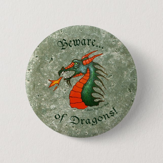 Beware Dragons Stone Green 2 Inch Round Button (Front)