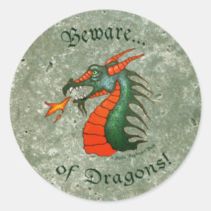 Beware Dragons Stone Green Faux Marble Classic Round Sticker