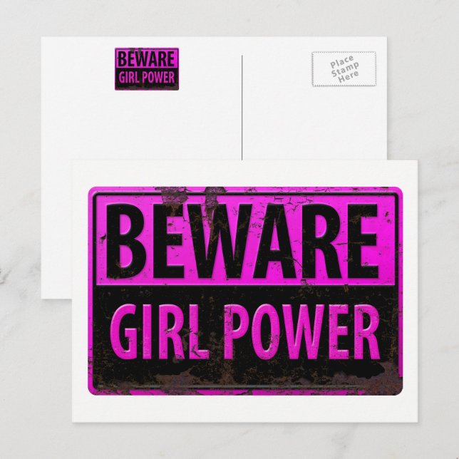 BEWARE Girl Power - Pink Black Metal Danger Sign Postcard (Front/Back)