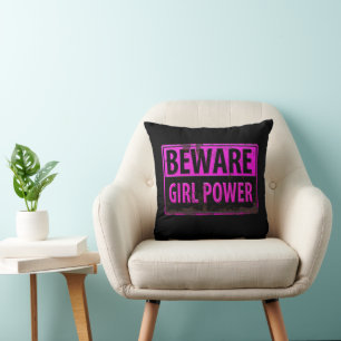 BEWARE Girl Power - Pink Black Metal Danger Sign Throw Pillow