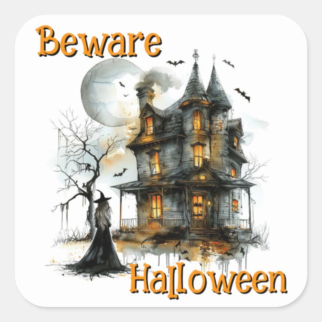 Beware Halloween – A Haunted Nightfall Warning Square Sticker (Front)