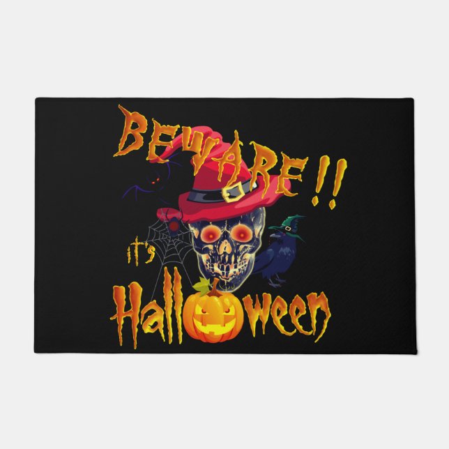 Beware it's Halloween Skull and Pumpkin Doormat (Front)