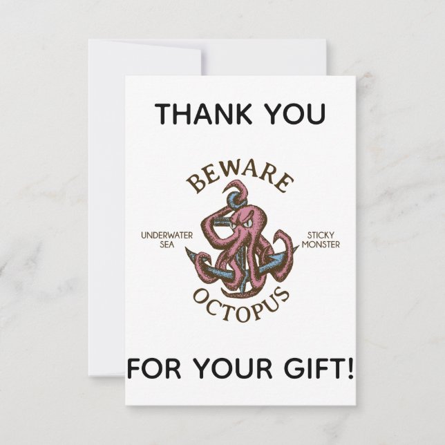 Beware Octopus Nautical Creature Tentacle Monster Thank You Card (Front)