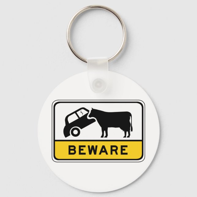 Beware of Cows, Traffic Warning Sign, Australia Keychain (Front)