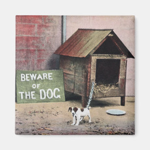 Beware of dog sign with small dog magnet