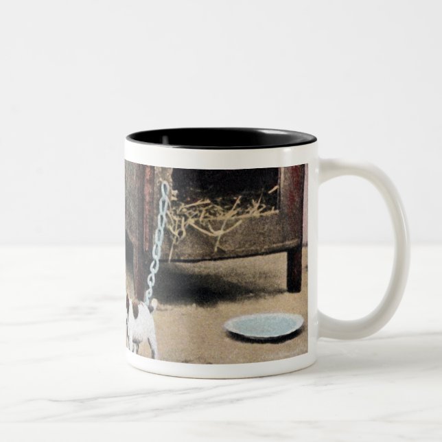 Beware of dog sign with small dog Two-Tone coffee mug (Right)