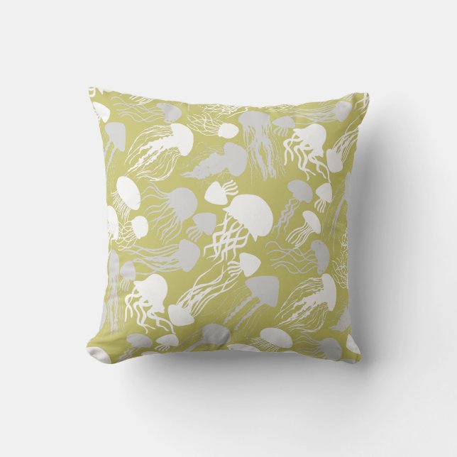 Beware of Jellyfish.w.b L Yellow BG Throw Pillow (Front)