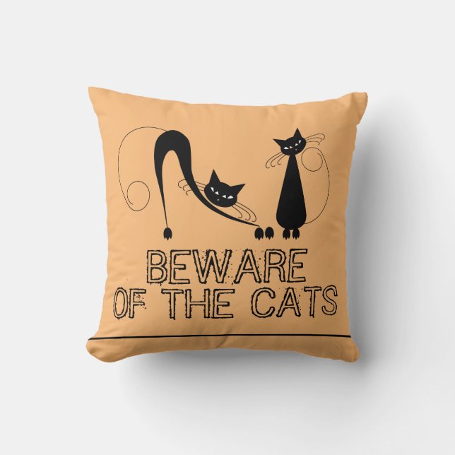 Beware of the Cats, Elegant Black Cat Throw Pillow (Front)