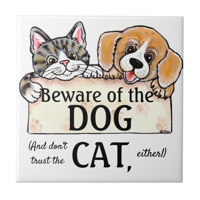 Beware of the Dog Cat Funny House Warning Sign Tile (Front)