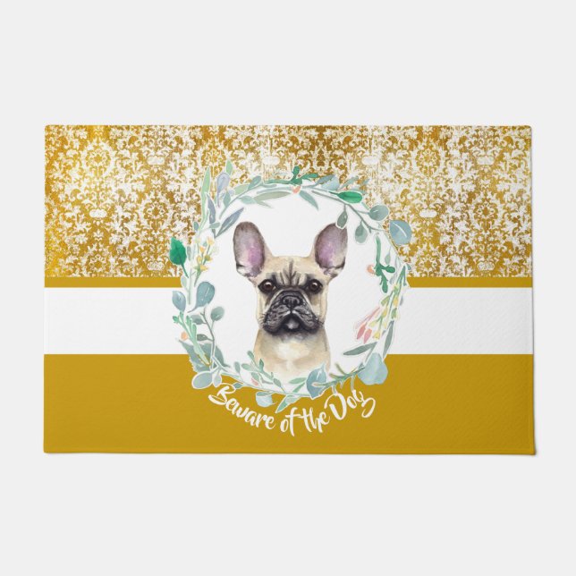 Beware of the Dog french bulldog damast floral Doormat (Front)