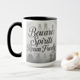 Beware Spirits Roam Freely Foggy Graveyard Design Mug