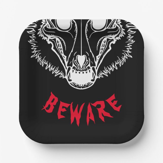 BEWARE Spooky Skulldog Paper Plate (Front)