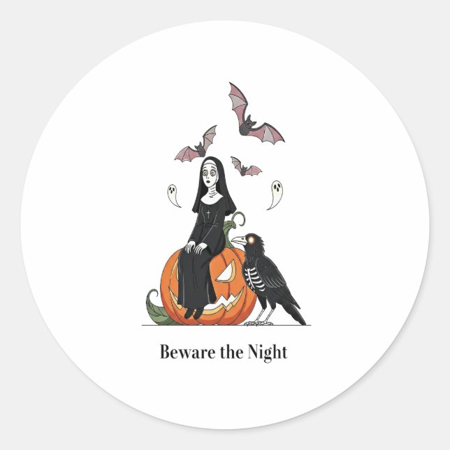 Beware the Night Spooky Nun Classic Round Sticker (Front)