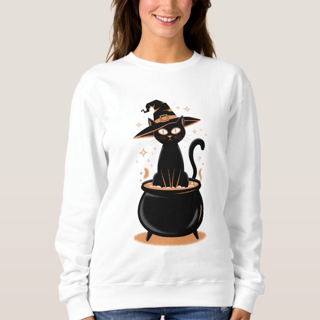 Bewitched Black Cat in Cauldron - Halloween Magic Sweatshirt (Front)