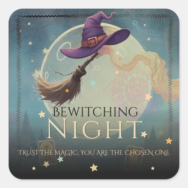 Bewitching Night Witch Hat & Broom Halloween Square Sticker (Front)