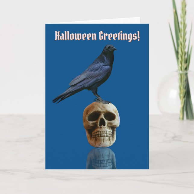Bewitching Raven or Crow Skull Gothic Halloween Card (Front)