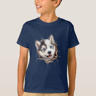 Beyond the Barrier: A Husky Puppy's Playful T-Shirt