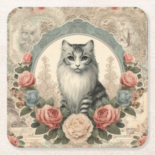 bezaubernde graue Vintage Katze mit Blumen Square Paper Coaster