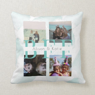 BFF 4 Photo Collage Blue Watercolor Throw Pillow