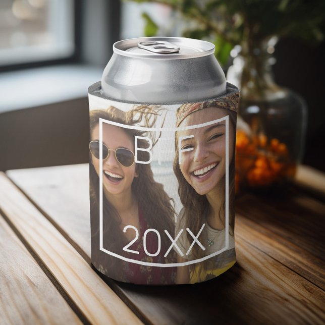 BFF - add square photo and date with white border Can Cooler (Personalized can cooler with an area to add photos and custom text)
