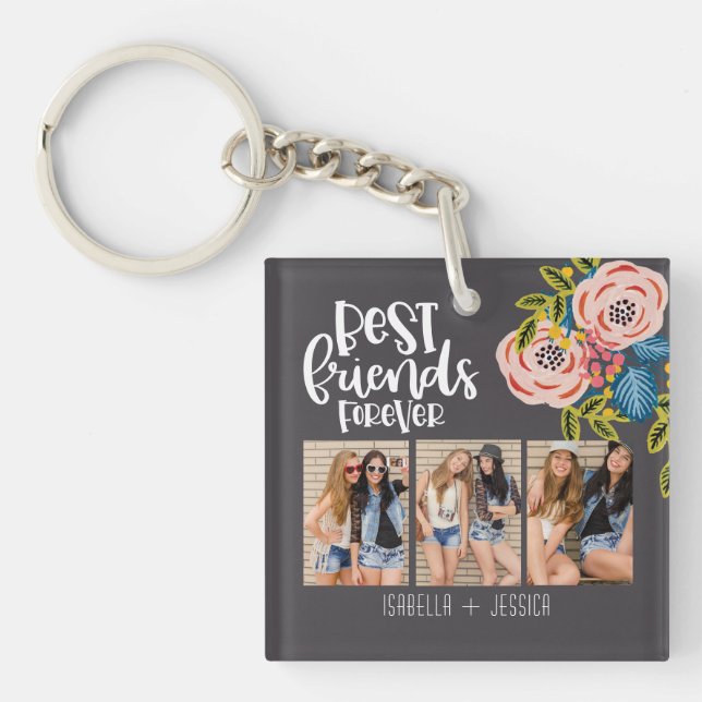 BFF Floral Photo Collage Best Friends Forever Keychain (Front)