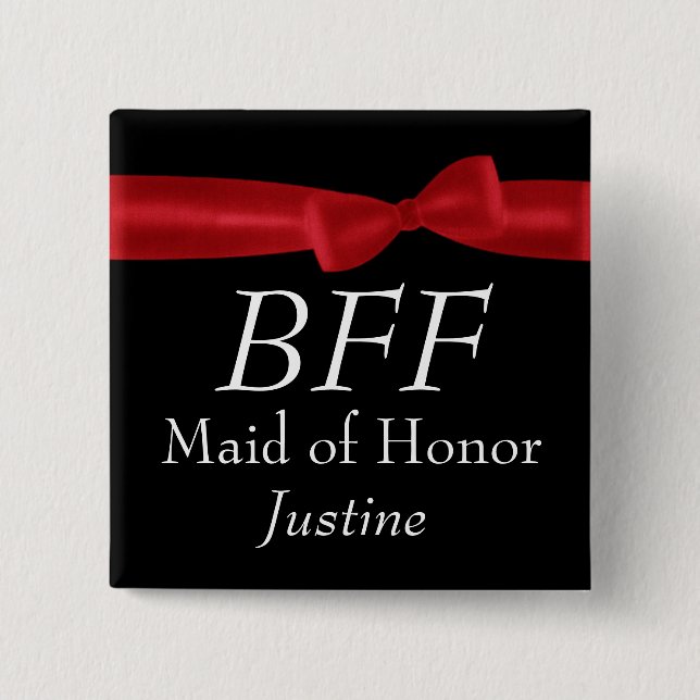 BFF Maid of Honour Red Bow Wedding Custom Name 2 Inch Square Button (Front)