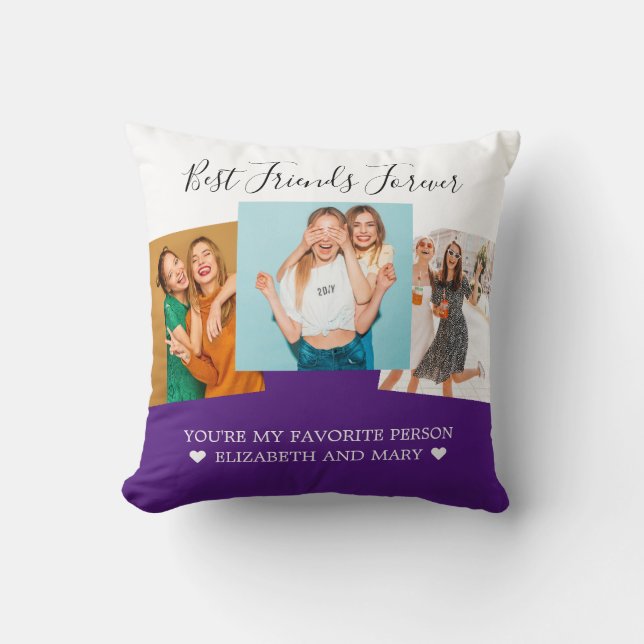 BFF Photo Collage Best Friends Personalized Purple Throw Pillow (Front)