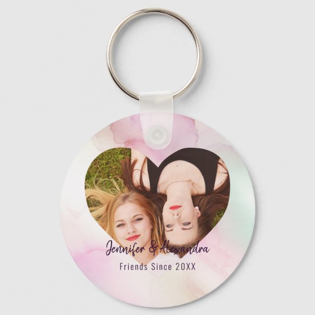BFF Pink Marble Heart Custom Friends Photo & Names Keychain (Front)
