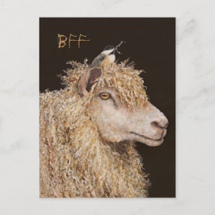 BFF postcard with sheep and chickadee