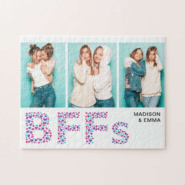 BFFs Three Photo Personalized Name Girly Heart Jigsaw Puzzle (Horizontal)
