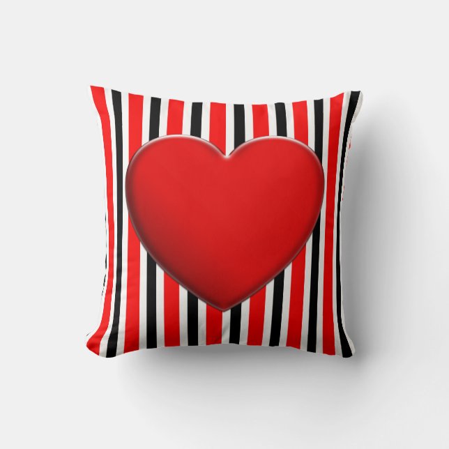 BG Stripes Pattern black red + red heart Throw Pillow (Front)