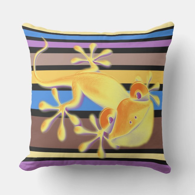 BG Stripes Pattern coloured VI + smiling gecko Throw Pillow (Front)