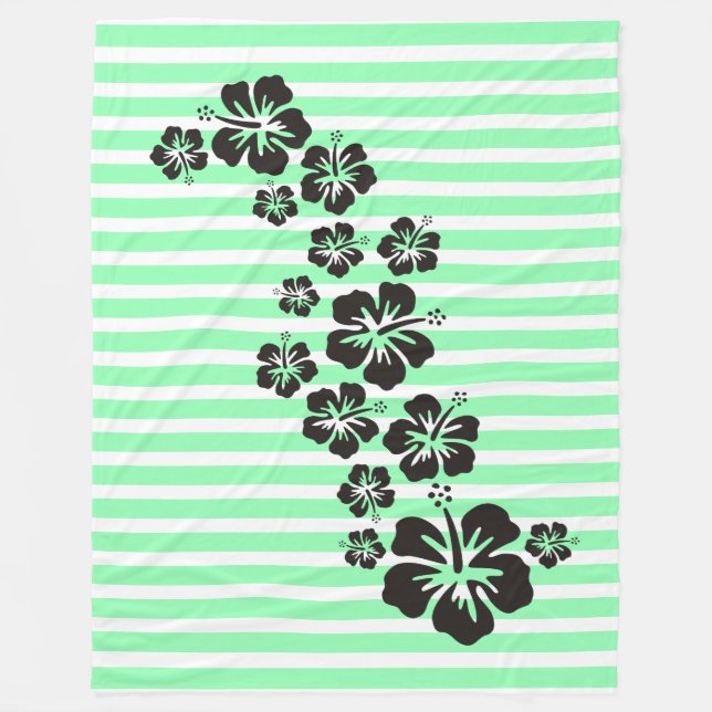 BG Stripes Pattern narrow white + hibiscus blooms Fleece Blanket (Front)