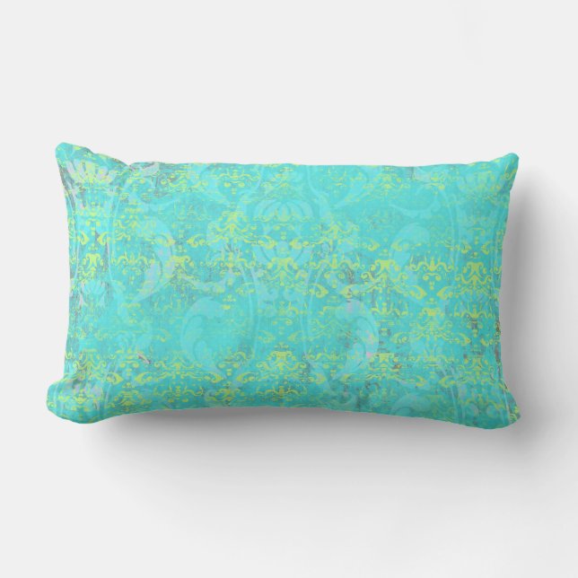 BGTPD TROPICAL DAMASK PATTERN LIGHT BLUE YELLOW GR LUMBAR PILLOW (Front)