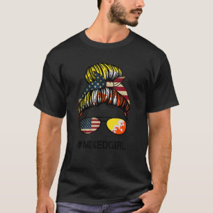Bhutan American USA Flag Messy Bun T-Shirt