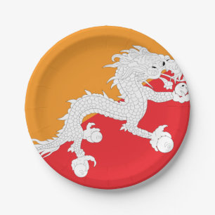 Bhutan Flag Design with White Dragon Paper Plate